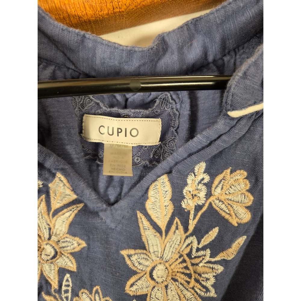 Cupio Blue Cotton Embroidered Peplum Top V-Neck 3/4 Sleeve Boho Blouse Medium - Picture 3 of 6